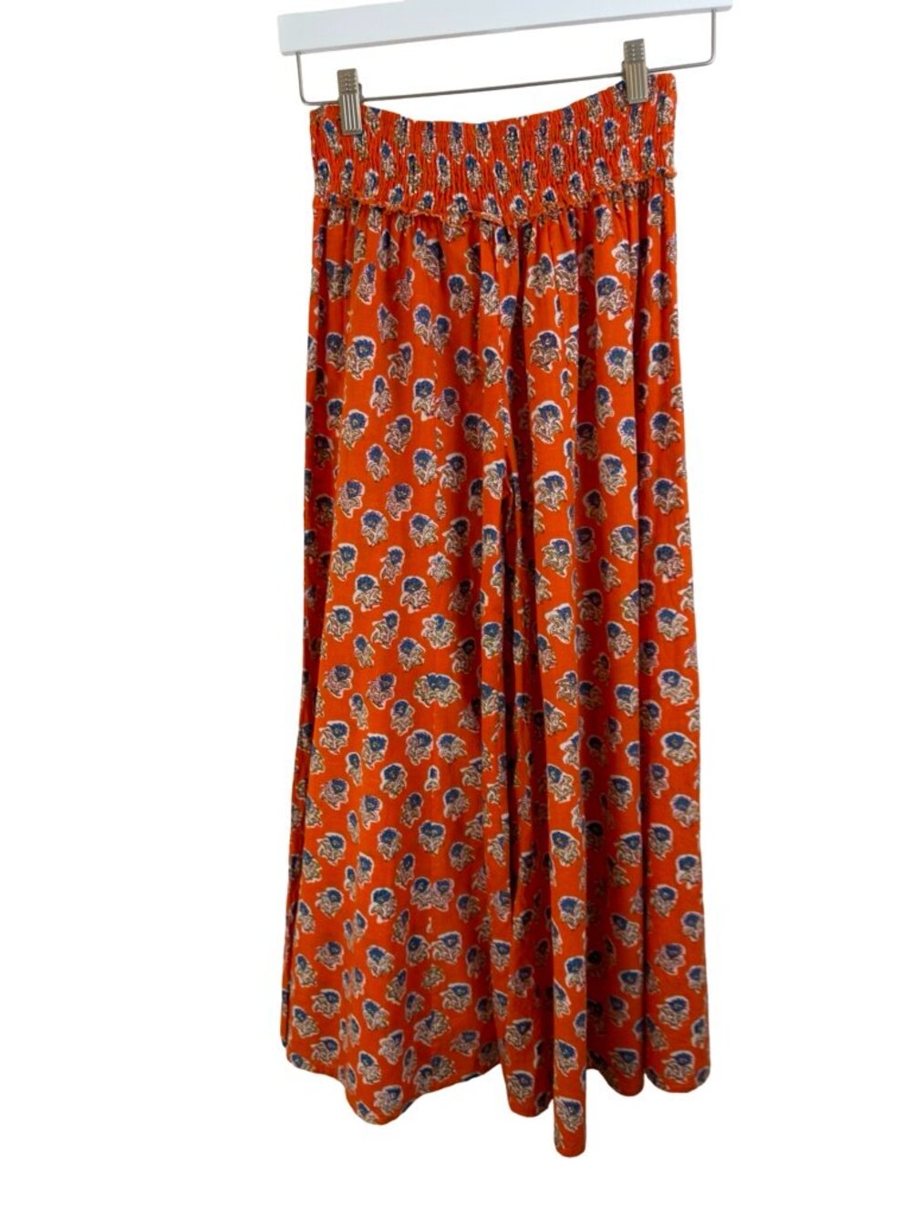 Orange & Blue Cotton Blockprint Gather Waist Palazzo Pants Size Medium